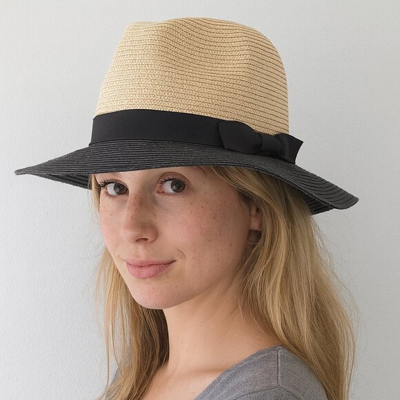 Accessories - Two-Tone Black & Beige Synthetic Raffia With Ribbon Womens Hat